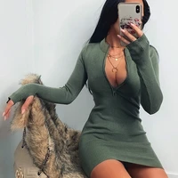 elegant women dress 2021 fashion solid color half zip long sleeve stand collar knitted sweater casual party slim ladies dress