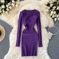 autumn elegant women purple knitted mini dress lady solid slim long sleeve package hip bodycon dress female robe