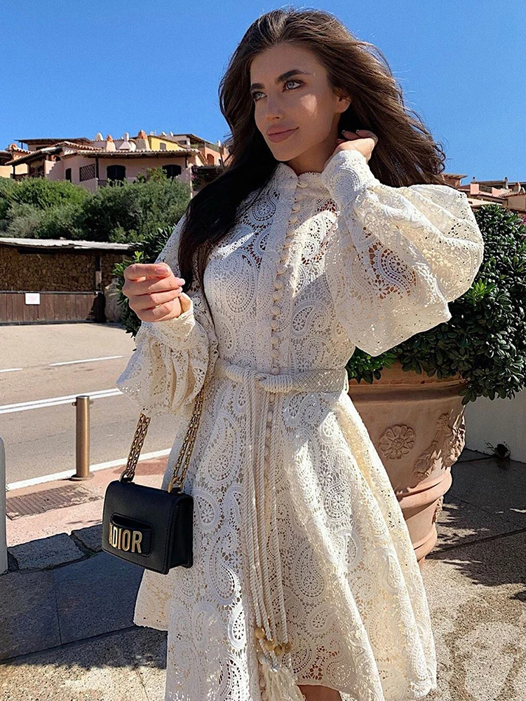 Бежевое платье MEIYANGYOUNG с вышивкой женское рукавами фонариками праздничные