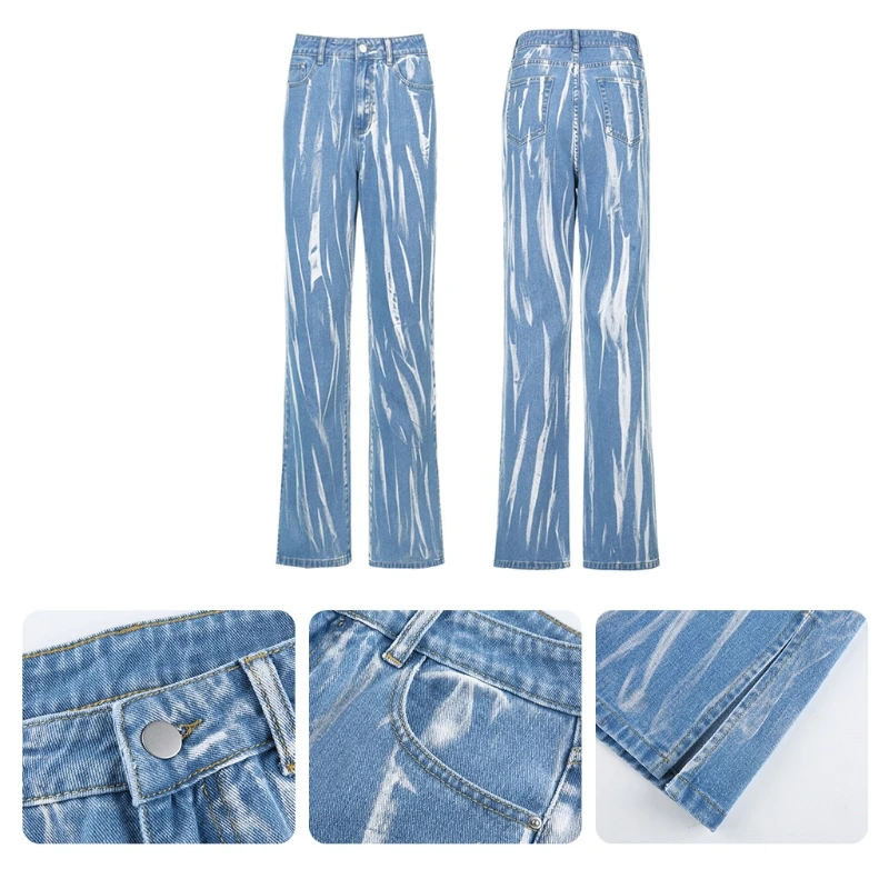 

Women High Waist Striped Graffiti Jeans Side Split Hem Straight Leg Denim Pants L9BE
