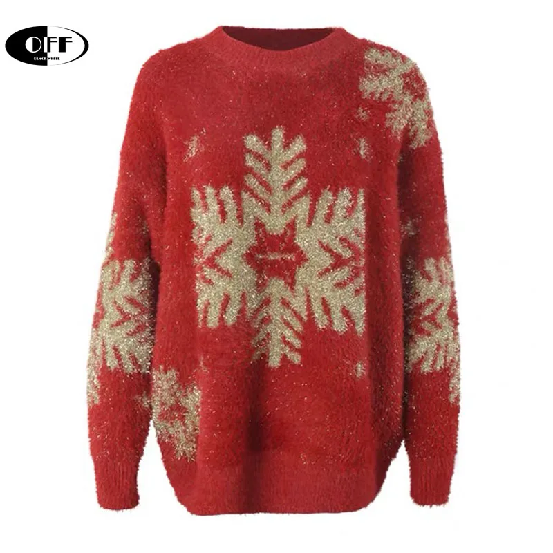 

Рождественские свободные красные свитера с узором в виде снежинок, осенне-зимние праздничные женские пуловеры для ленивых, шикарные пулове...