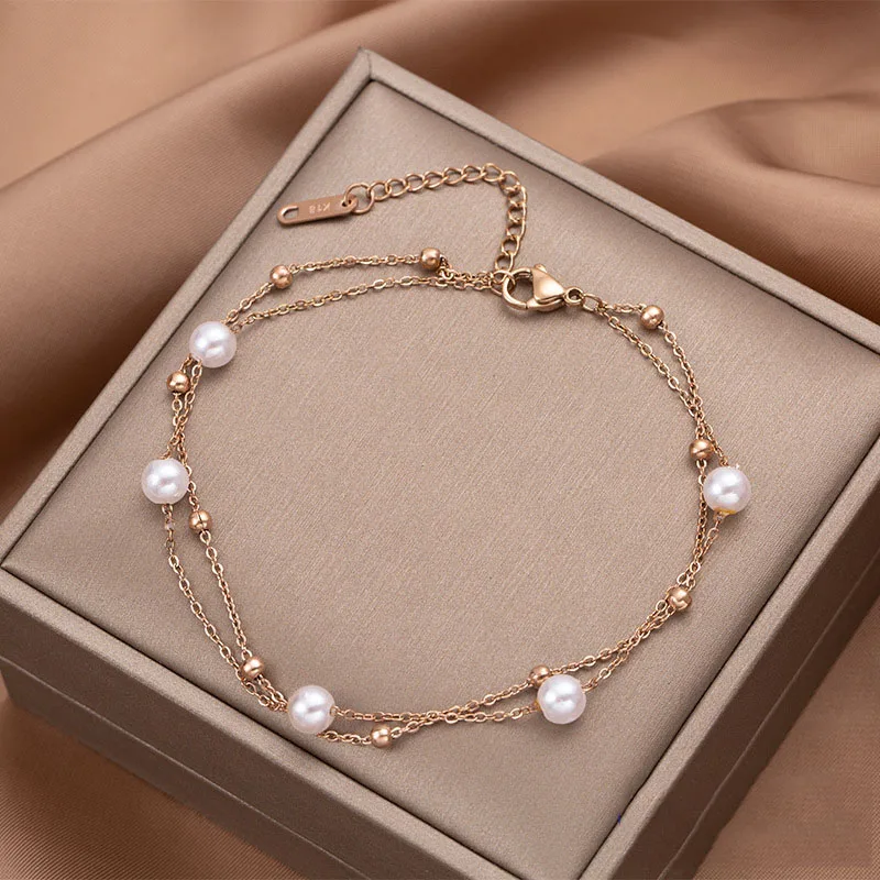 Bohemia Double Layer White Pearl Charm Anklets For Women Fashion Titanium Steel Foot Link Chain Anklet Jewelry