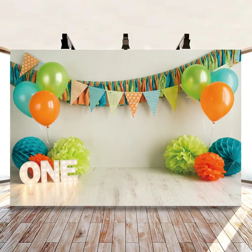 

Smash Cake One Year First Birthday Party Photography Backdrop Indoor Decor Balloons Light Baby Background Photo Studio