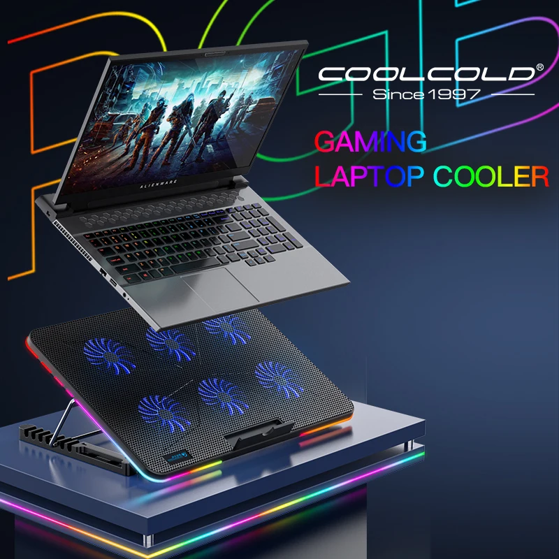 

Кулер Coolcold для ноутбуков, модная охлаждающая подставка с RGB-подсветкой, 6 вентиляторов, подходит для игровых компьютеров и ноутбуков