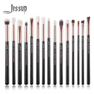 Jessup 15Pcs Профессиональные кисти для макияжа Набор для макияжа глаз Подводка для глаз Shader Wood Handle Натурально-синтетические волосы ЧерныйРозовое золото