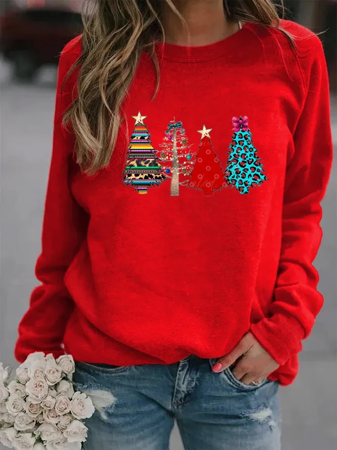 

Christmas Trees Printed Hoodies Women Fleece Long Sleeve O Neck Loose Sweatshirt Girls Women Hoodie Pullovers Winter Autumn