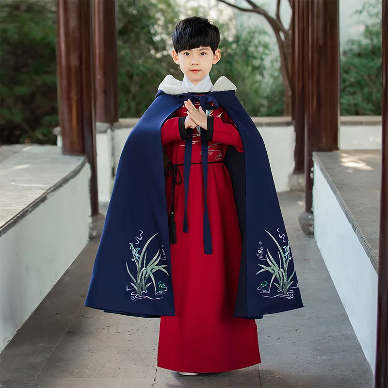 

Boys Perform Costumes Ancient Hanfu Cape Winter Embroidery Long Cloak Children Cosplay Photography Warm Clothes