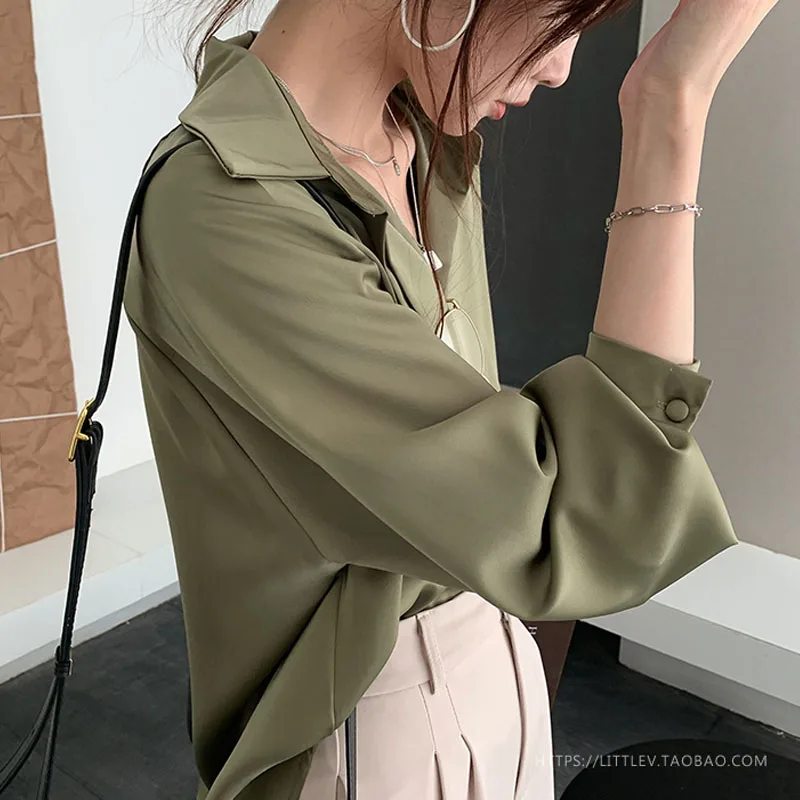 Женская блузка с длинным рукавом однотонная Свободная рубашка большого размера