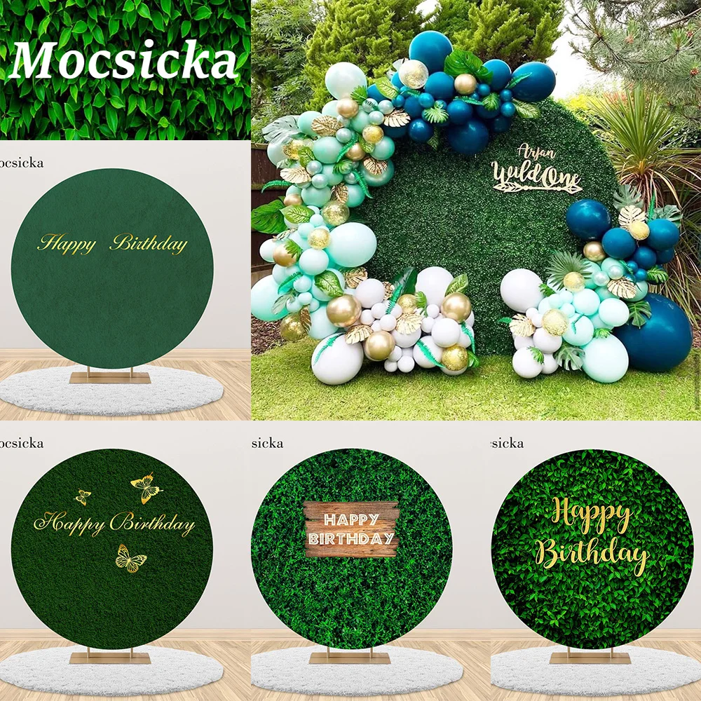 Mocsicka Round Circle Photography Backdrop Cover Green Leaves Grass Wall Happy Birthday Background Baby Christening Decorations
