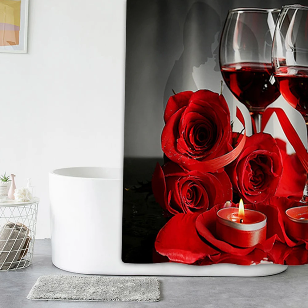 

Shower Curtain Rose Red Wine Romantic Lovers Waterproof Polyester Bath Curtain for Bathroom Accessories with 12 Hooks