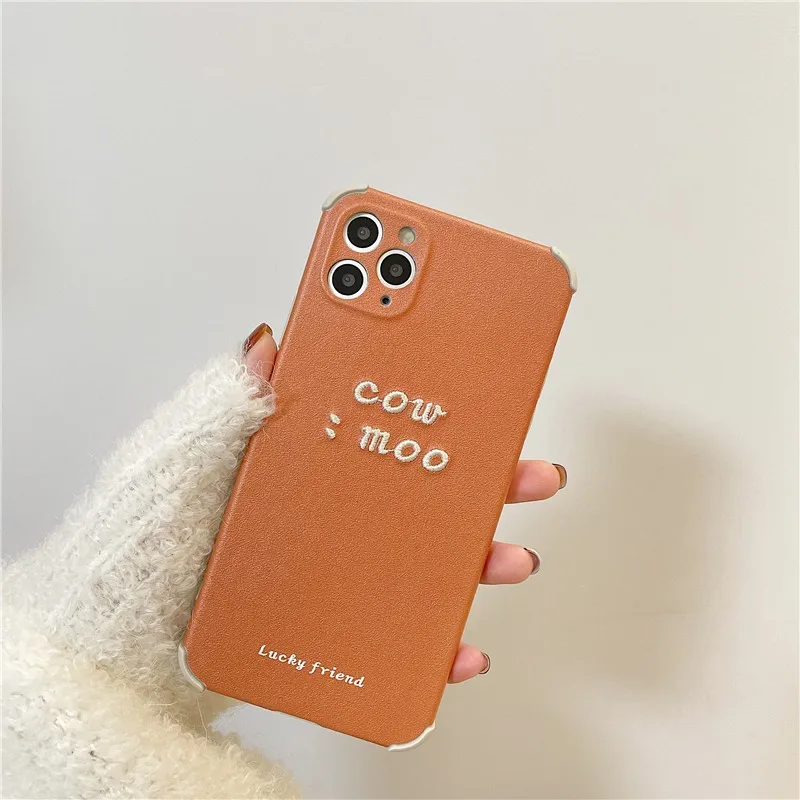 

Creative Embroidered letters Couple soft Case For iPhone 11 12 Pro Max mini 7 8 Plus XR X XS MAX se 2 leather phone cover fundas