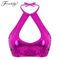 women shiny faux leather halter neck backless nightclub party festival rave crop tops pole dance costume slim fit sexy tops