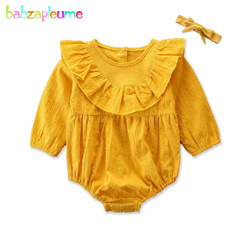 

2Piece/Summer Newborn Clothes Baby Girls Jumpsuit Cute Long Sleeve Solid Princess Bodysuits+Headband Infant Clothing Sets BC1397