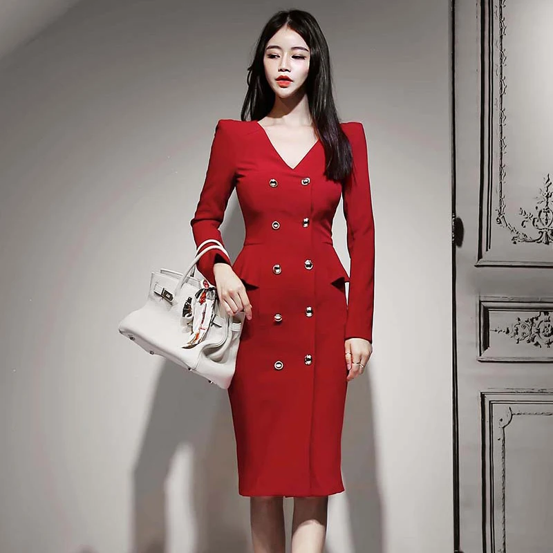 

Fashion Dress Women Spring Red Dresse Casual Office Lady Elegant Business Party Bodycon Dress Vestidos Clothes