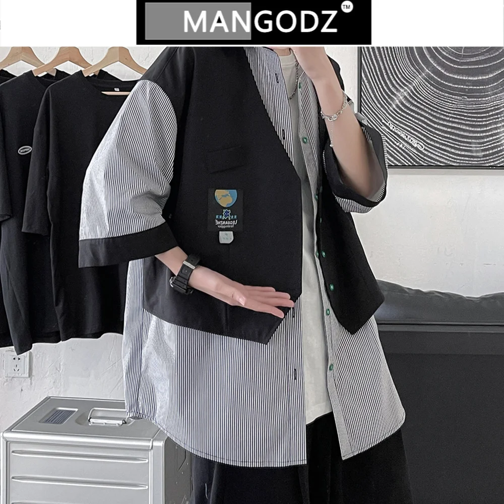 

2021 Splicing Half Sleeve Shirts Men Streetwear Hip Hop Fake Two Cardigan Harajuku Vintage Summer Oversized Fashion Shirt Jacket