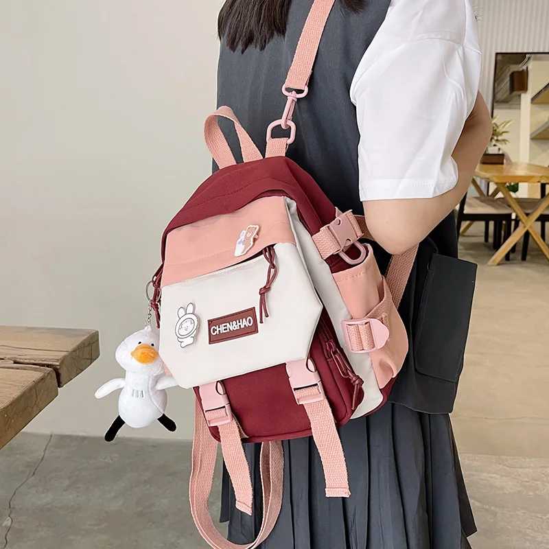 

Small Women's Backpack Mini Girls' Contrasting Color School Bag Waterproof Nylon Fabric Japanese Casual Girl Schoolbag Female