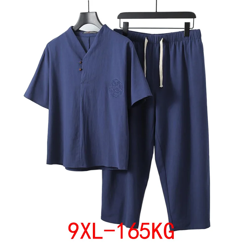 

Large Size Men's Clothing Husband 2021 Summer Blue Home Suit Linen T Shirt Fashion Male Set Chinese 8XL 9XL
