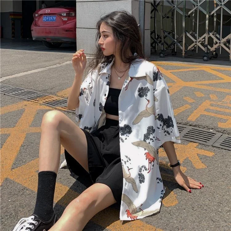 

Shirts For Women Tops Crane Print Casual Women's Wear Fat Sister Summer Loose Thin Short Sleeve Shirt Female Student Blouses