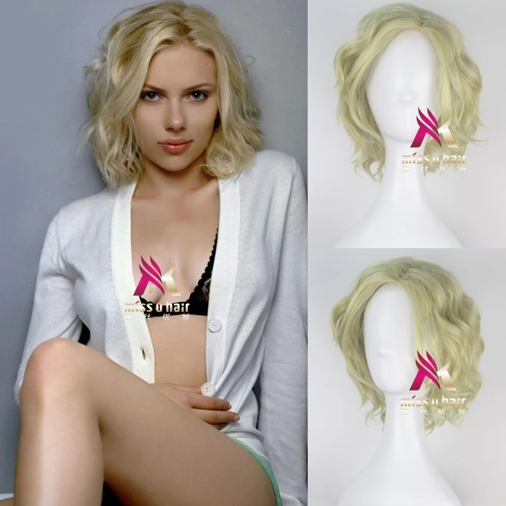 

movie Lucy Scarlett Johansson Cosplay Costumes Wig Brown Curly Wave Hair Halloween Party Cosplay Props +wig cap