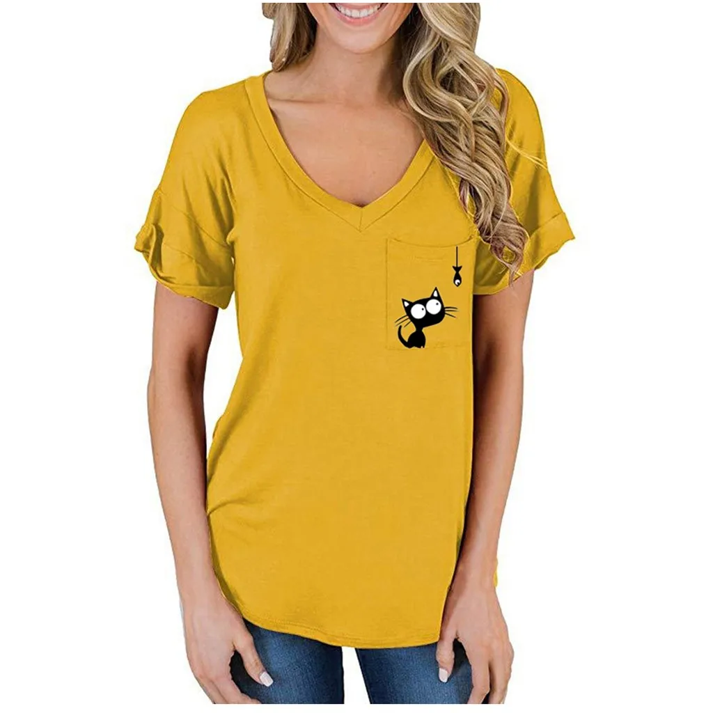 Футболка Женская летняя с коротким рукавом и v-образным вырезом карманом