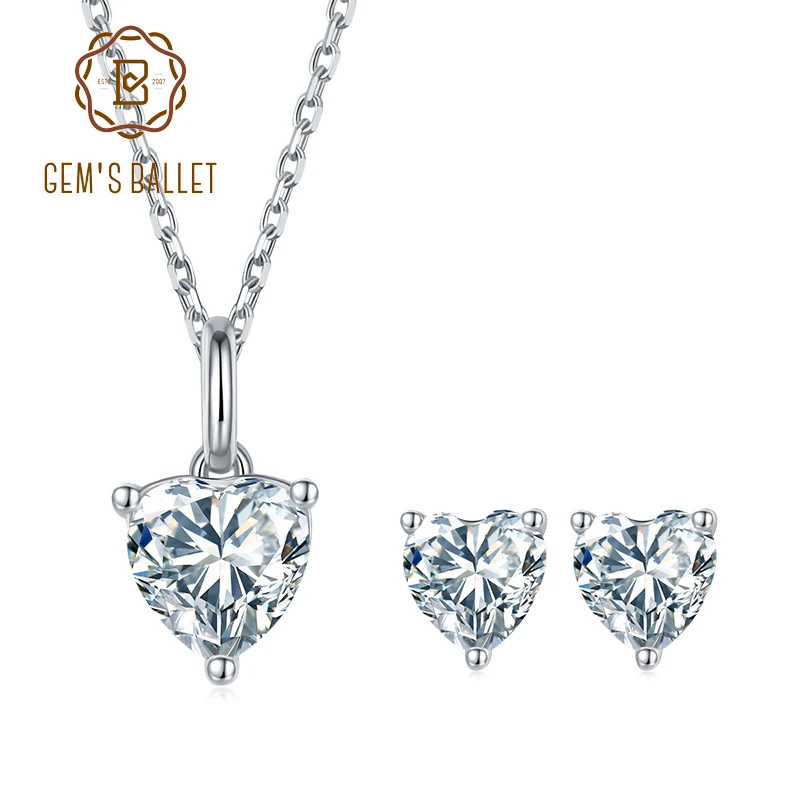 

GEM'S BALLET 925 Sterling Silver Heart Moissanite Jewelry Set For Women Wedding Classic Bridal Sets Necklace Earrings D Color