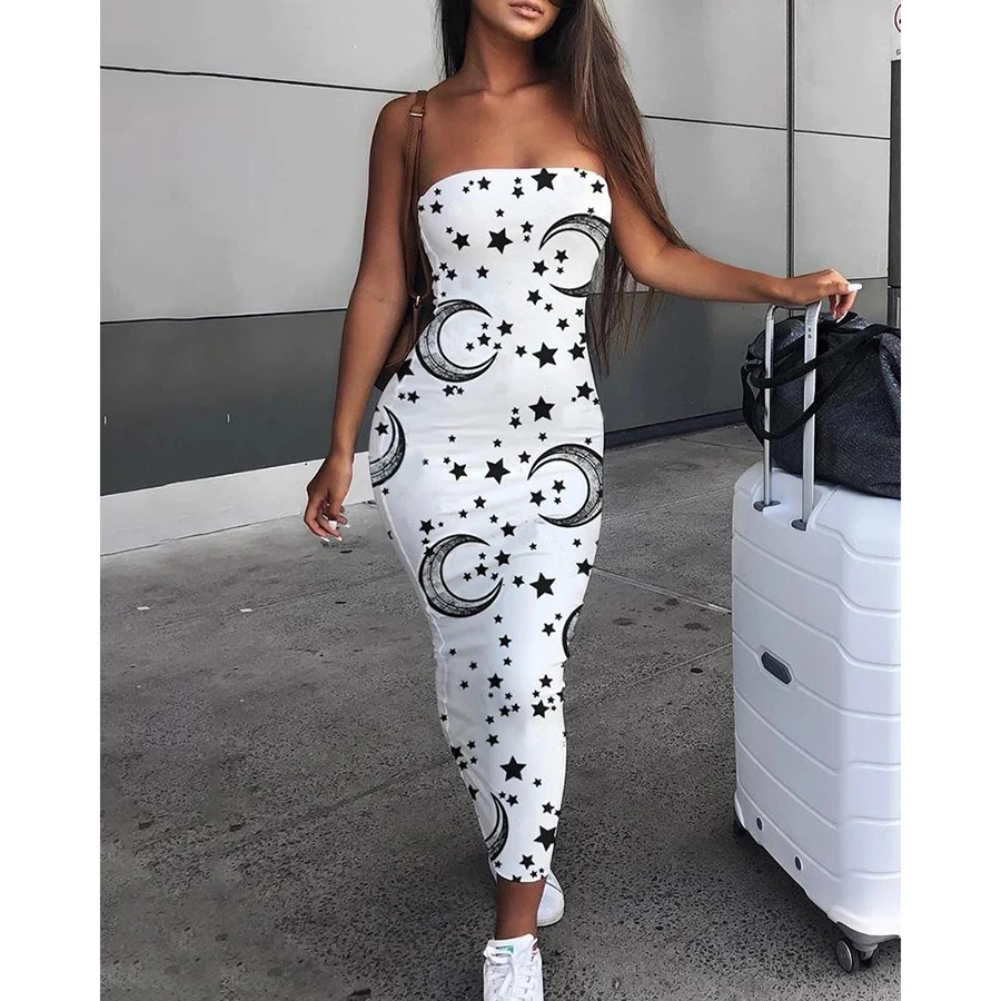 

HOUZHOU Sexy Dress Fashion Women's Off Shoulder Bodycon Floral Long Dress Casual Sleeveless Strapless Streetwear