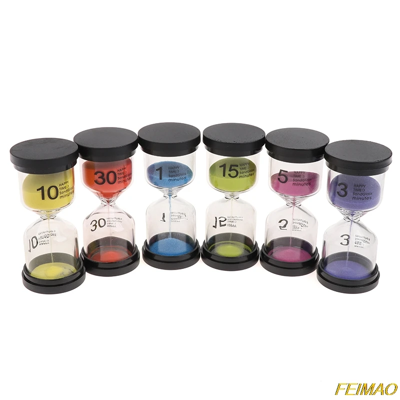 6 Pcs/Set 1/3/5/10/15/30min Sand Clock Sandglass Hourglass Timer School Kids Children Reading Black Cover | Дом и сад