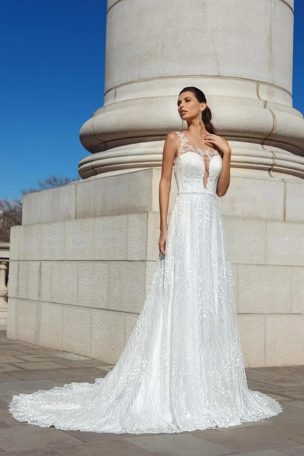 

suknia slubna New White Boho Wedding Dress 2021 V-neck Sleeveless Court Train A-Line Lace vestido de noiva Bridal Dresses