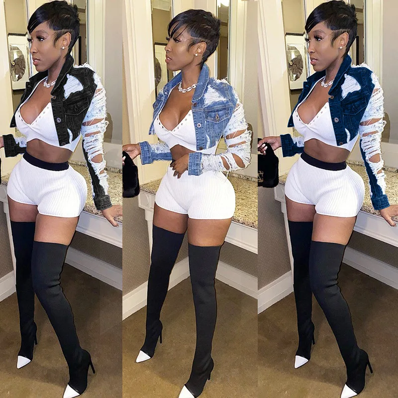 

HAOOHU 2020 new women's ripped jean jackets sexy fashion trends casual long sleeve hole hollow out slim denim short coat jackets
