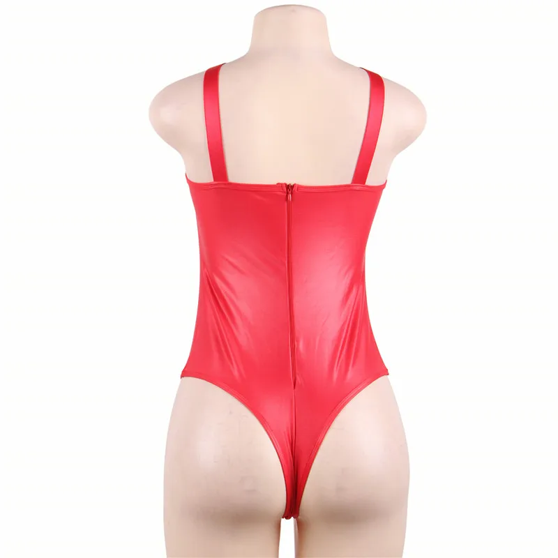 

Comeonlover PU Leather Bodysuits Cross Strappy Sexy Zipper Body Femme Hollow Out Charming Women Exotic Spaghetti Strap RE80620