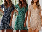 Женское пляжное платье с оборками, короткое платье с V-образным вырезом, высокой талией и цветочным принтом, лето 2021