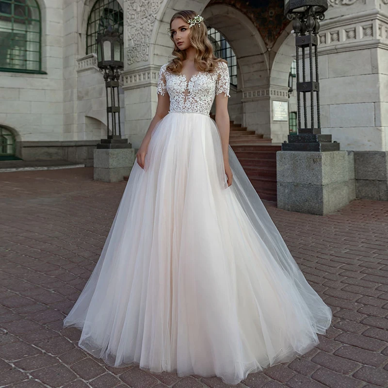 

Очаровательное свадебное платье-трапеция из тюля, 2021, прозрачное свадебное платье с круглым вырезом и аппликациями со шлейфом, высокое каче...