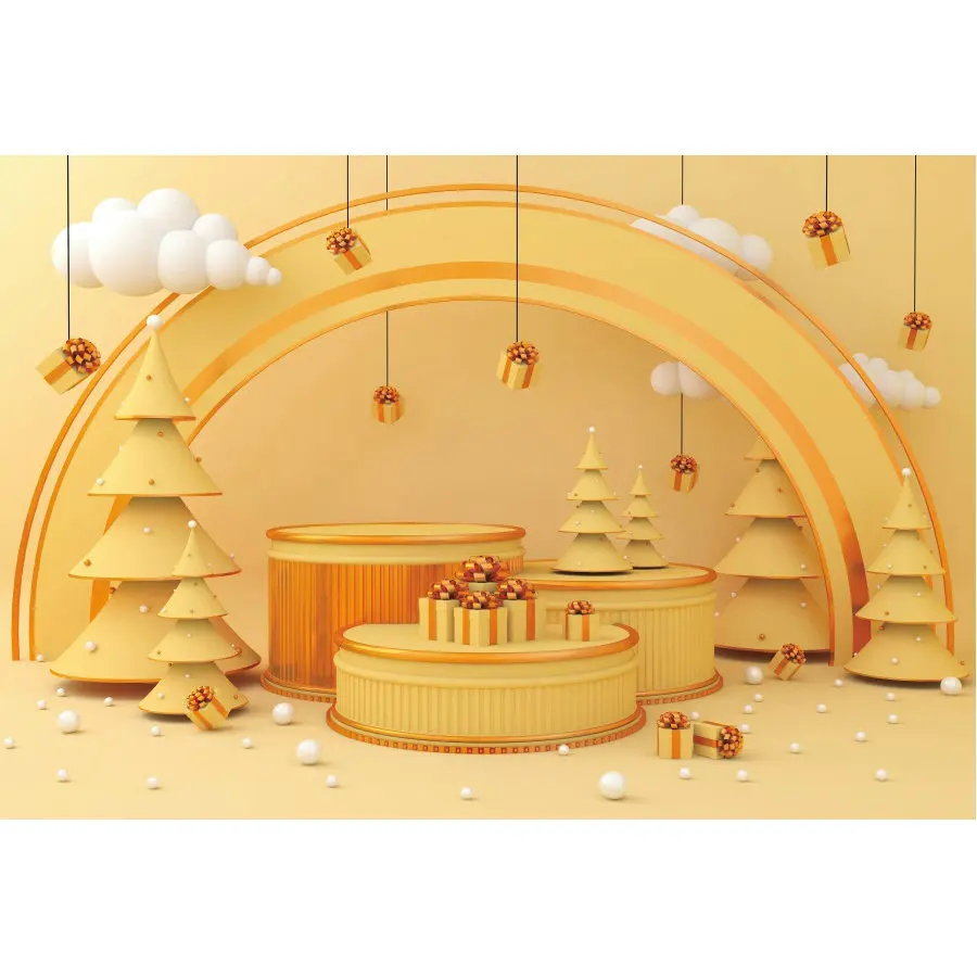 

Christmas Backdrop Yellow Xmas Tree Gift Box Clouds Photography Background Family Party Decoration Photo Booth Studio Props