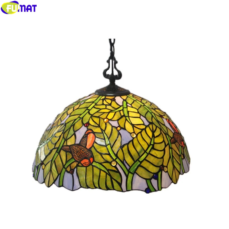 

FUMAT Tiffany Style Pendant Lamp Green Leaves Bird Wisteria Hanging Light Fixture Handcraft Art Home Decor Single Head Droplight