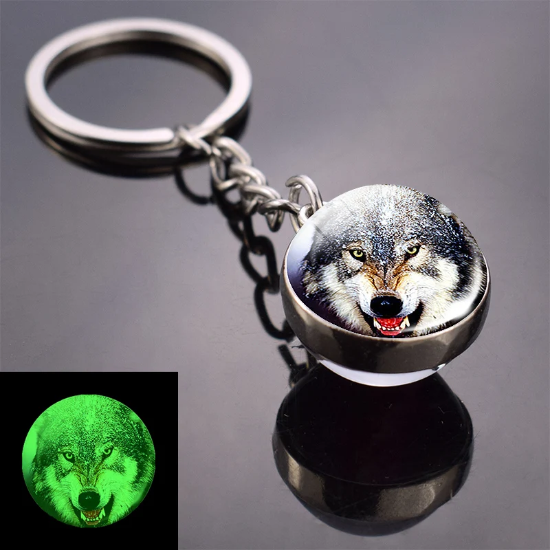 As show 17 Glow in Dark Jewelry Howling Wolf Keychain Wolf Luminous Glass Cabochon Pendant Keyring Double Side Glass Ball Keychain - Цвет: As show 17