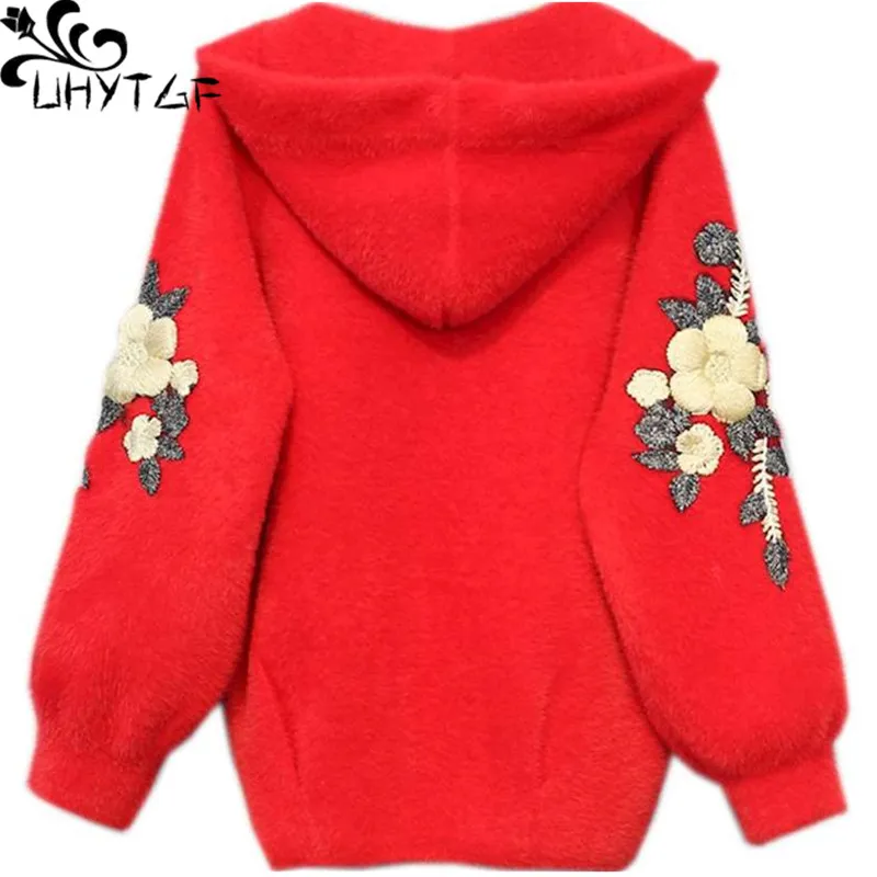 

UHYTGF Autumn Winter Sweater Women Fashion Embroidered Hooded Cardigan Female Jacket Knitted Mink Fleece Casual Short Coat 1911