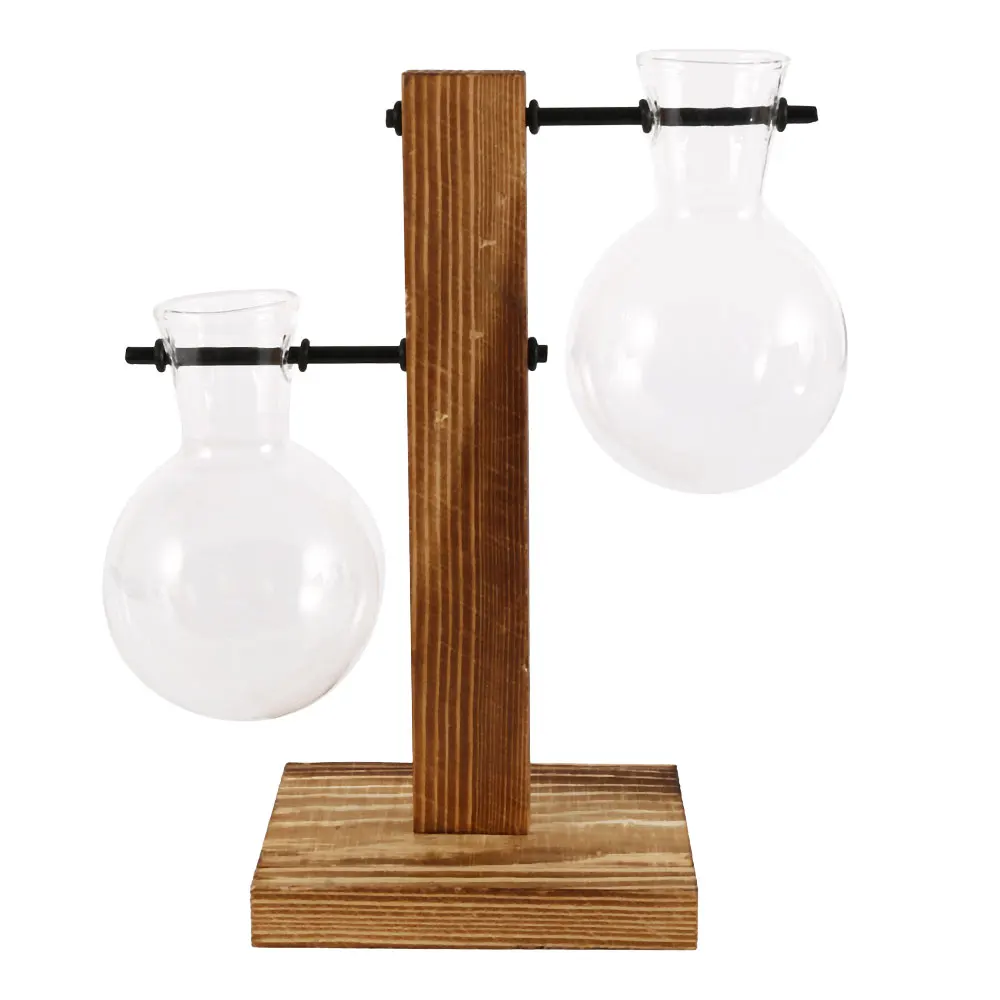Nordic Simple Hydroponic Plant Vases Vintage Flower Pot Transparent Vase Wooden Frame Glass Tabletop Plants Home Bonsai Decor