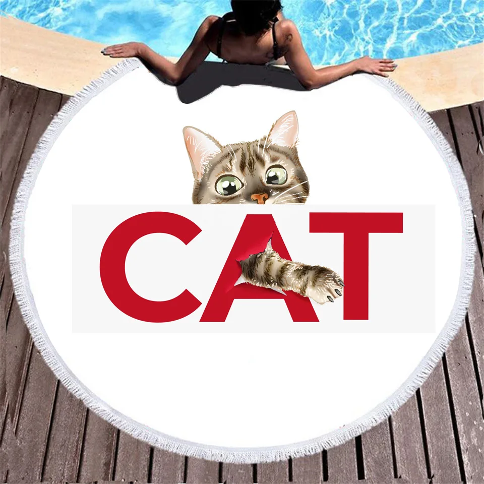 ONGLYP Round Beach Towel Cute Cat Microfiber Blanket Bath Yoga Mat Cartoon Tapestry Wall Hanging Bedroom Decor |
