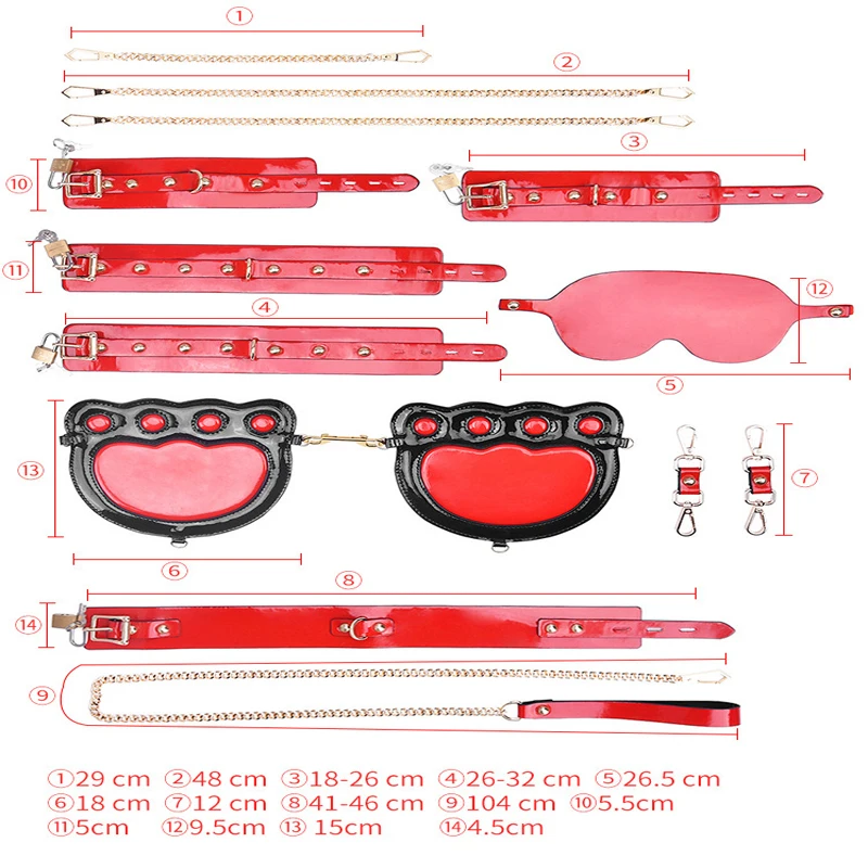 2020 11 Pcs Red Leather Erotic BDSM Sex Kits Handuffs Necklace Sex Whip SM Eye Mask Bondage Set Sex Toys For Couples Adult Games