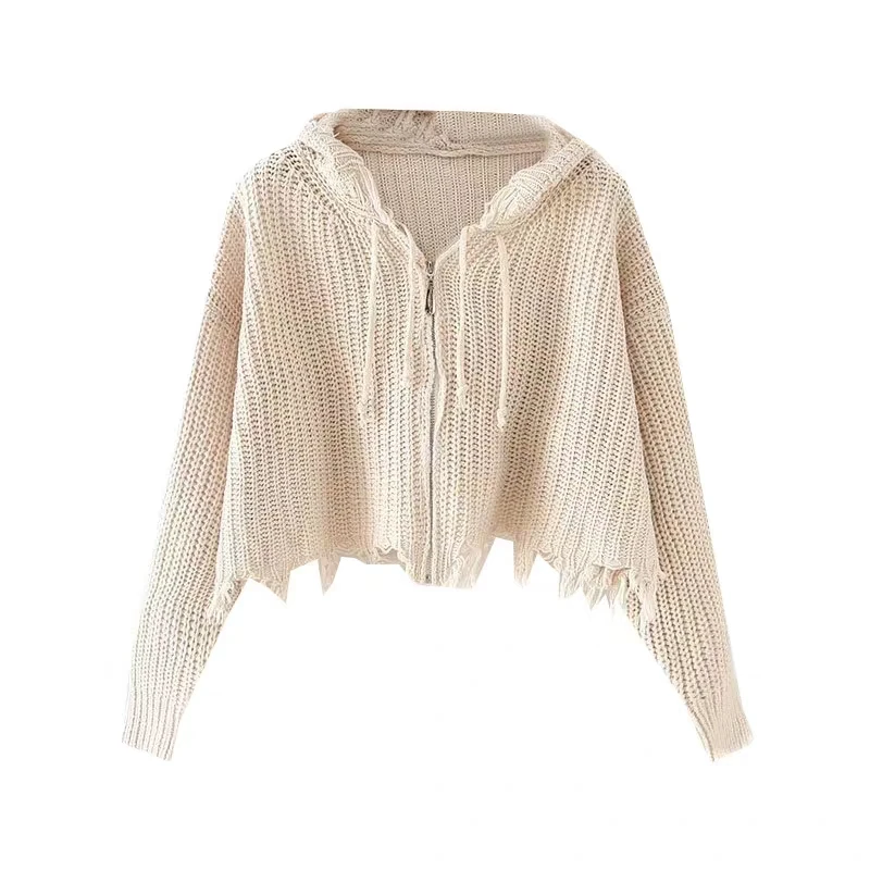 Женский Повседневный вязаный свитер на молнии черный или Бежевый с дырками