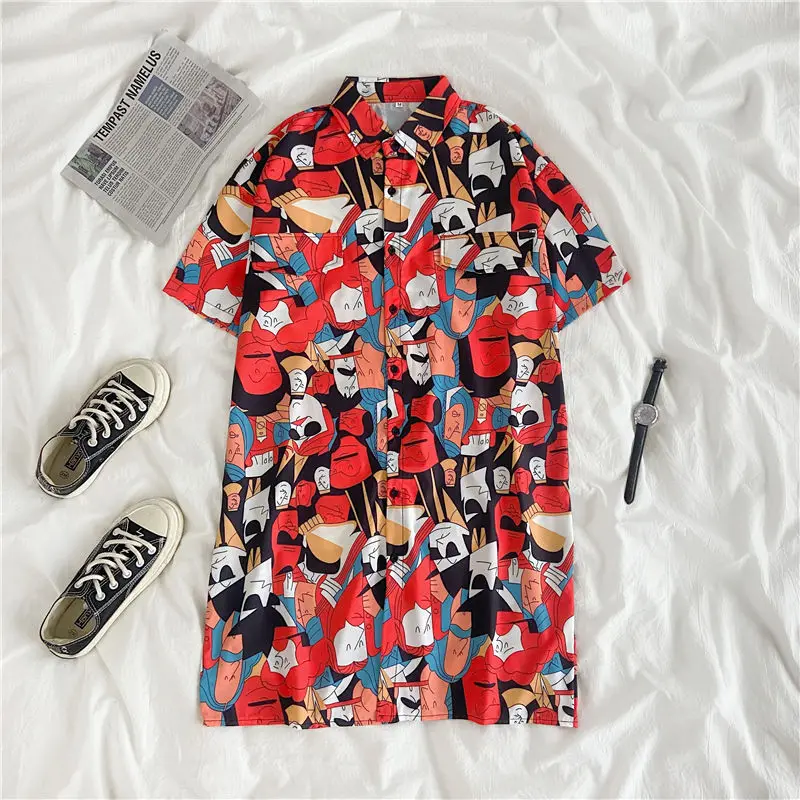 

Летние корейские Стиль средней длины блузка размера плюс для женщин с коротким рукавом свободное принт с героями мультфильмов, повседневны...