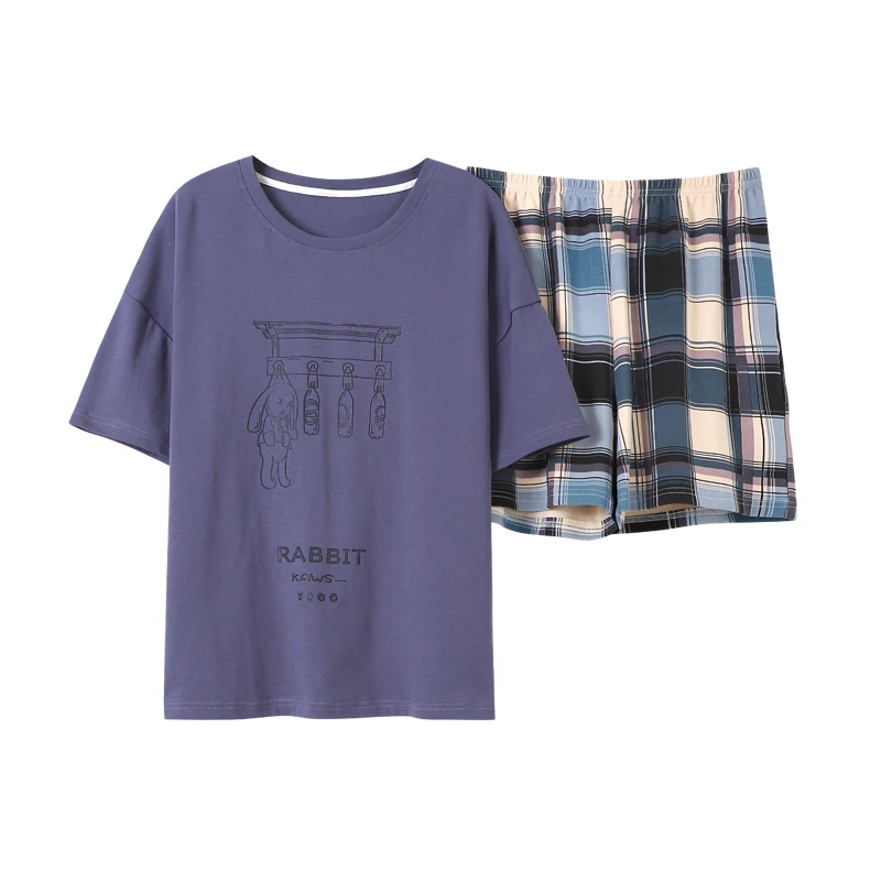 

Summer Short Sleeves Pajamas Set Women Korean Blue Cotton Sleepwear Cartoon Rabbit Cute Women's Nightwear Casual Loose Homewear