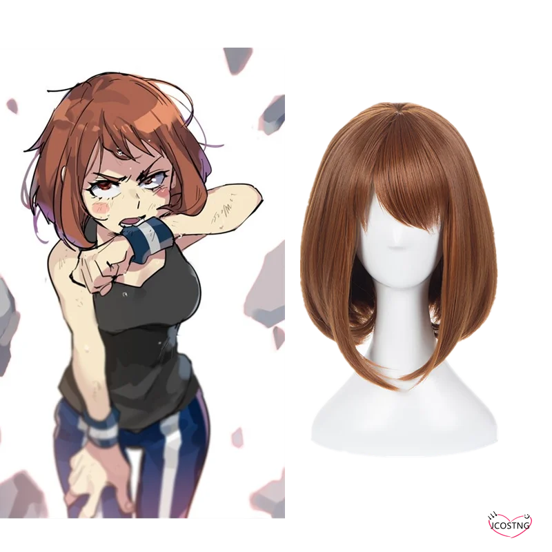 Костюм косплея Uraraka Ochako из аниме "Моя геройская академия", короткая каштановая парикмахерская бобо-парикмахерская, устойчивая к жаре, бесплатная шапка, на Хеллоуин.