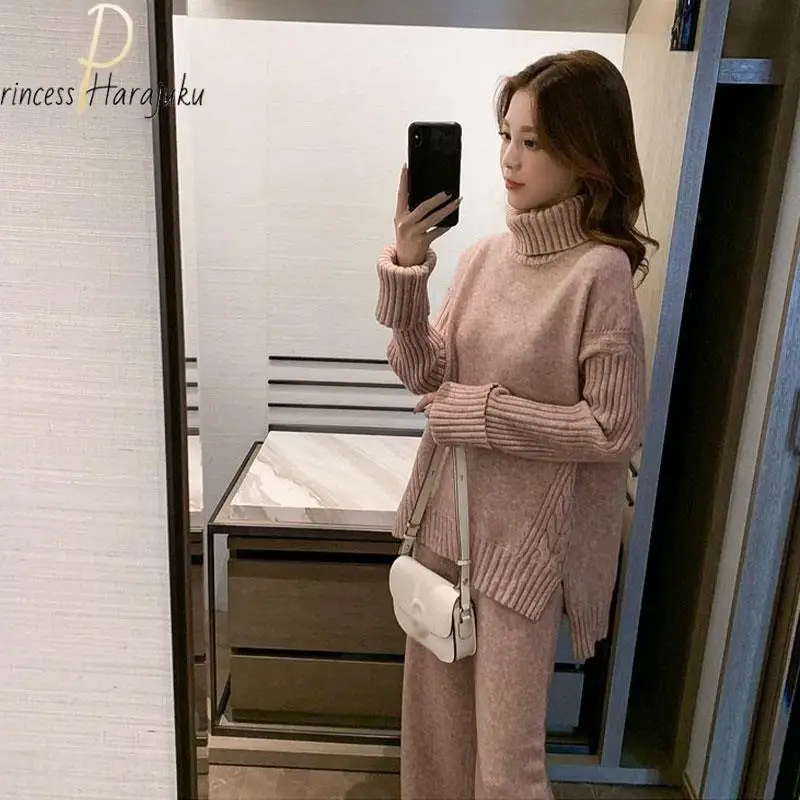 

Женские повседневные трикотажные спортивные костюмы размера плюс из двух предметов, зимний кашемировый свитер с высоким воротником, шаровары, теплый комплект из 2 предметов, 2021 наряды