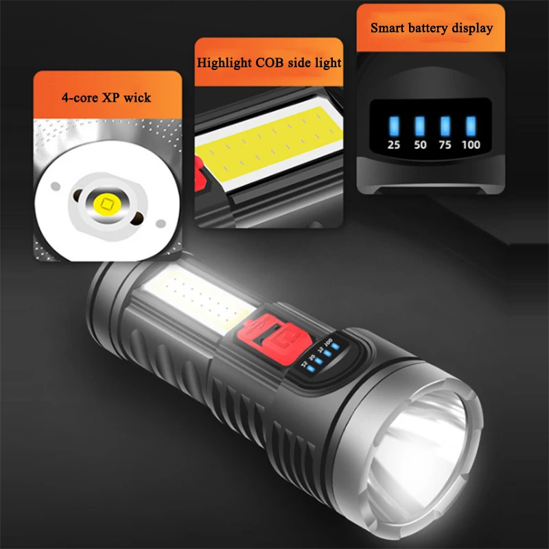 High Power Four-cell LED Flashlight USB Rechargeable Powerful Camping Super Bright 4-core COB Light | Освещение
