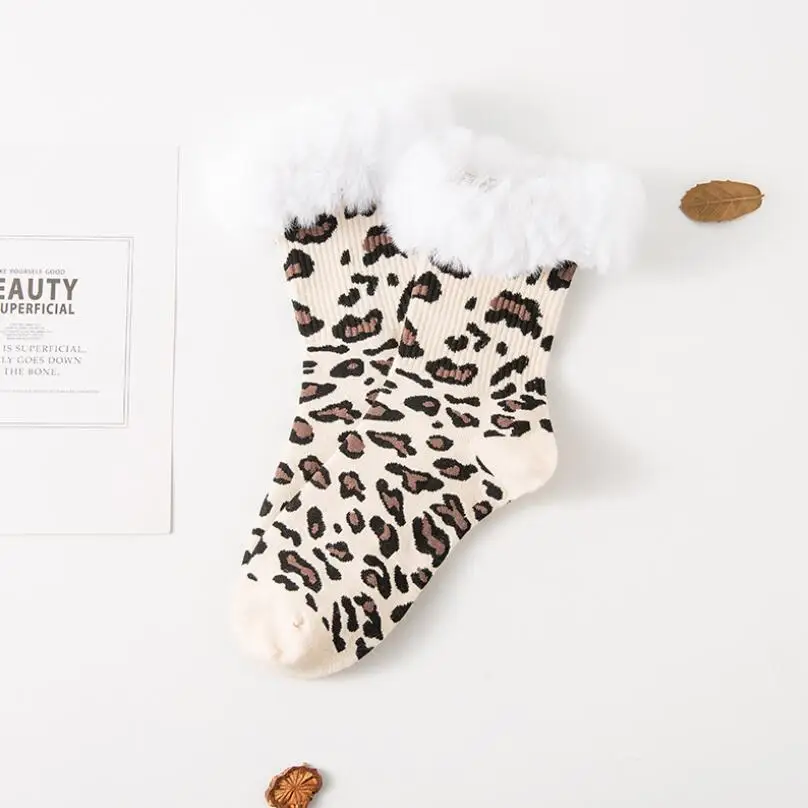 Women Solid Leopard Cotton Socks Faux Fur Cuff Girls Warm Winter Socks Leopard Ankle Socks Crew Socks Short Socks 8/10 Pairs/lot