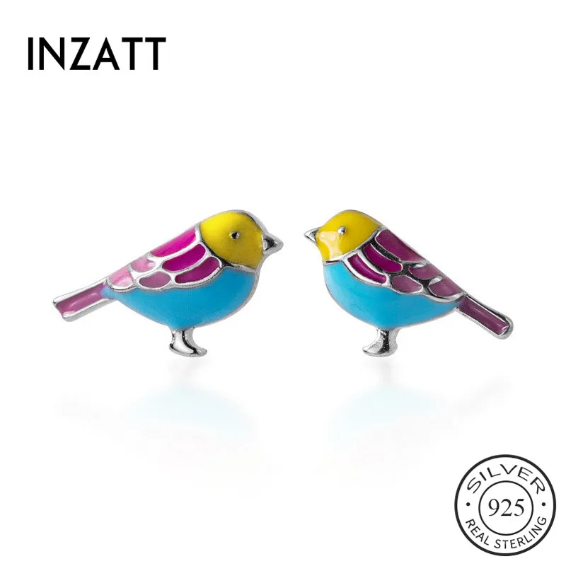 INZATT Настоящее серебро 925 пробы цветные серьги гвоздики с птицами модные женские