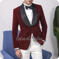 2022 new burgundy velvet jacket and white pants black lapel business casual wedding party man suit 2 pieces set