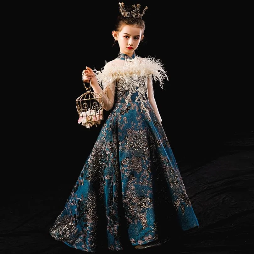 

High-end Girls Princess Dress Birthday Party Sequined Stitching Trailing Evening Gown Kids Pageant Catwalk Dress For Girls L437