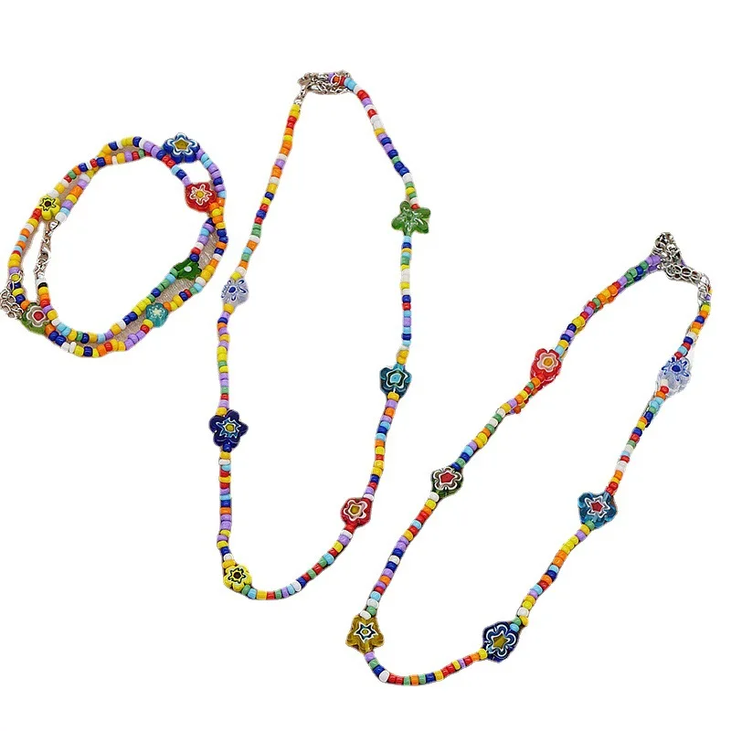 

Minar Bohemian Colorful Beaded Chains Necklaces for Women Ladies Rainbow Glass Flowers Beads Chokers Necklace Summer Jewelry